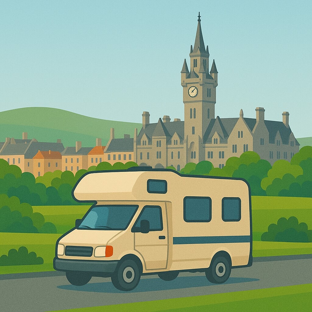 Motorhome parked near grey cathedral spire with rolling green hills beyond