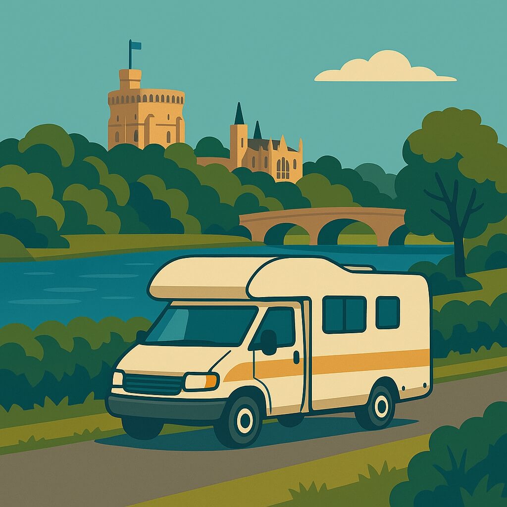 Motorhome by riverside with Windsor Castle’s towers and old stone bridge