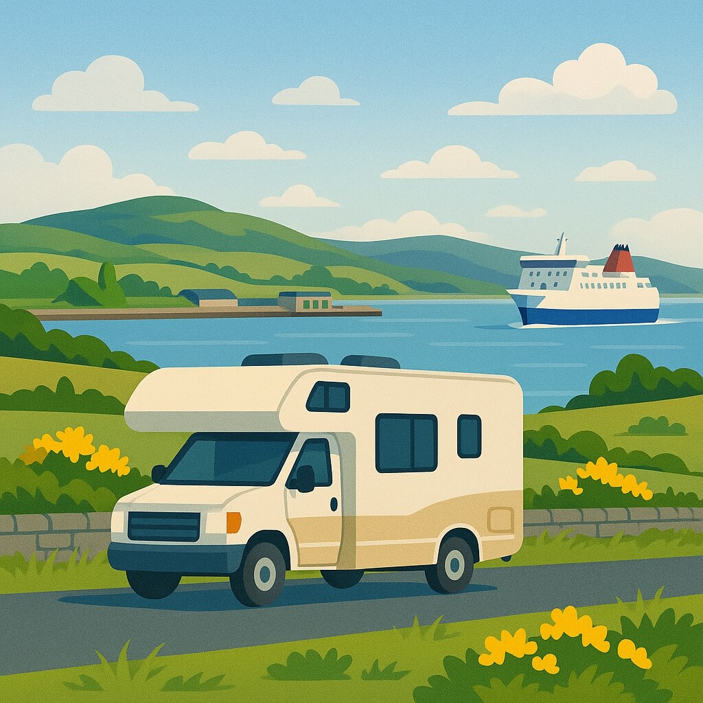Motorhome parked by Cairnryan ferry port with rolling green hills