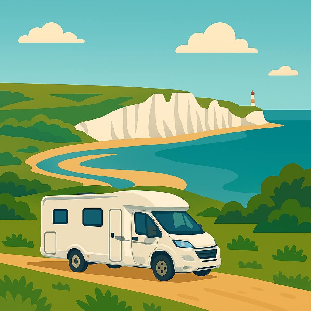 Motorhome parked beside chalk cliffs and small lighthouse on coastal road