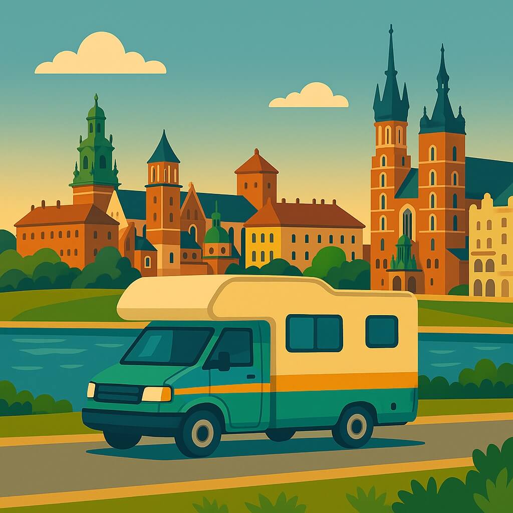 Motorhome beside the Vistula River with Wawel Castle skyline behind