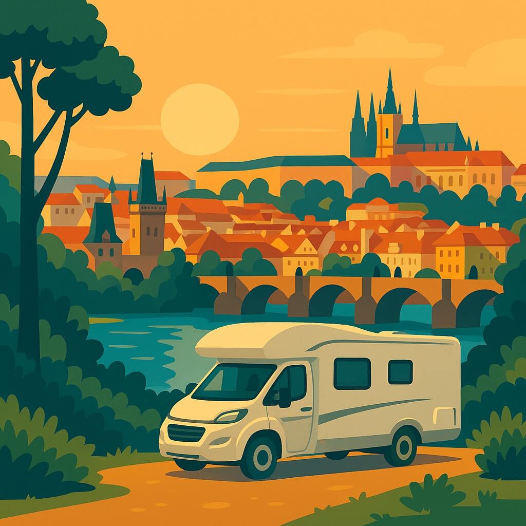 Motorhome on riverbank at sunset with Prague Castle and Charles Bridge
