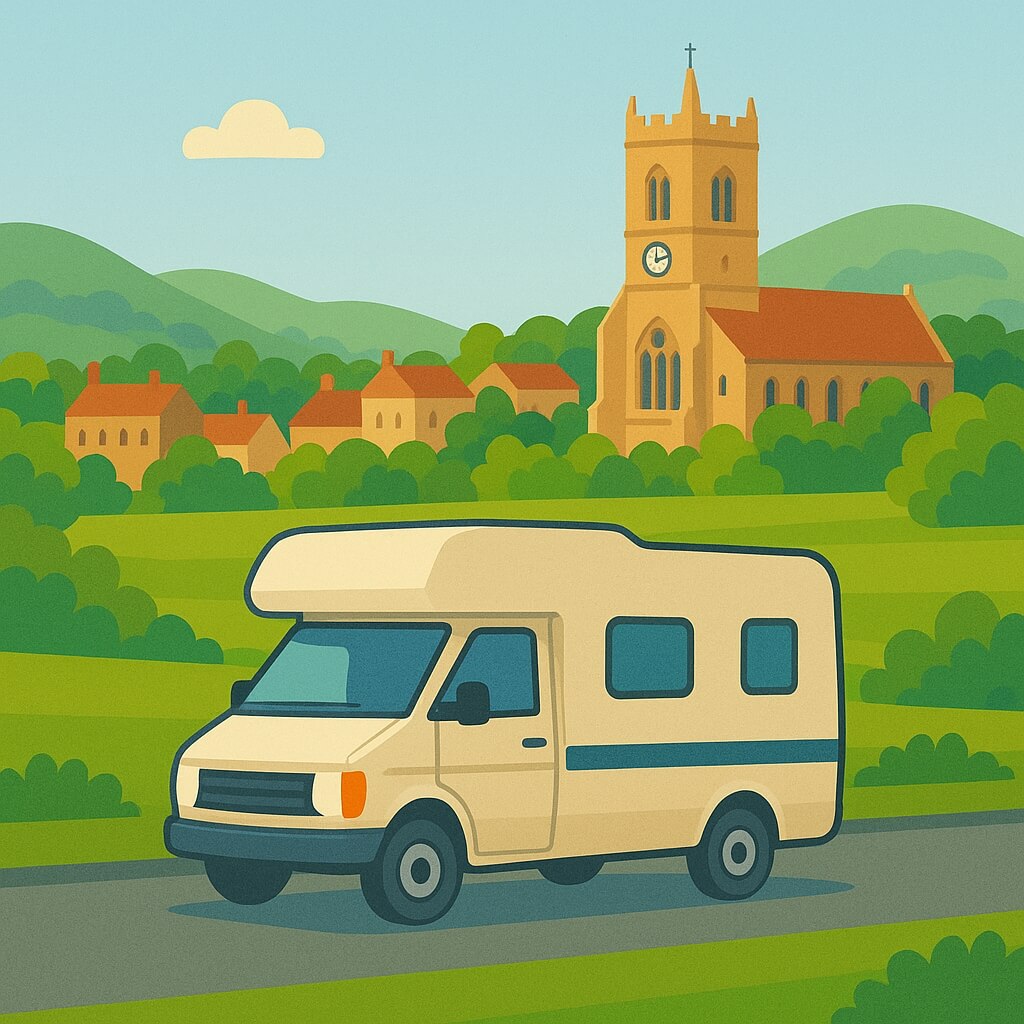 Motorhome parked on green roadside with old church tower rising behind village
