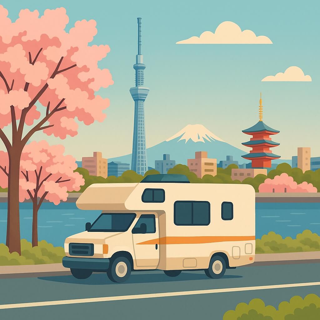 Motorhome framed by cherry blossoms with Tokyo Skytree and Mount Fuji