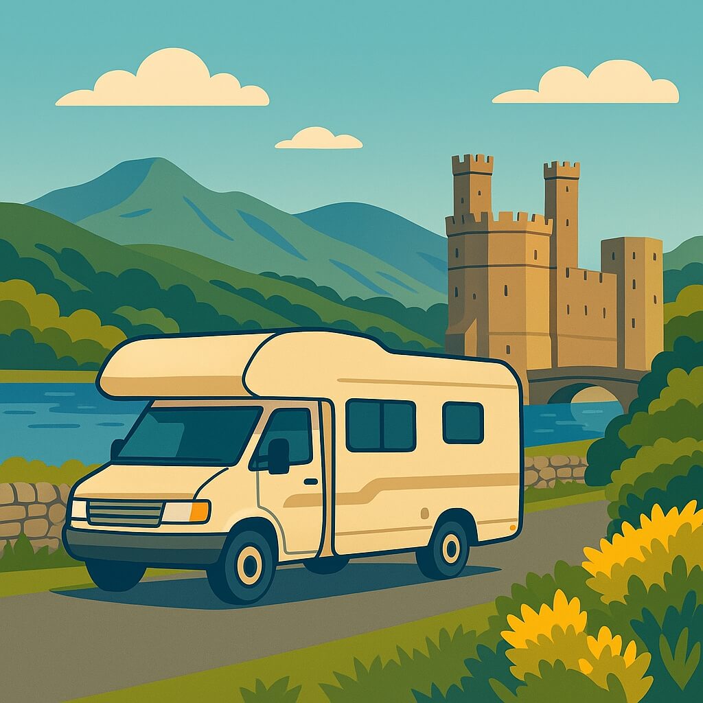 Motorhome parked by a lake with a medieval castle and hills behind