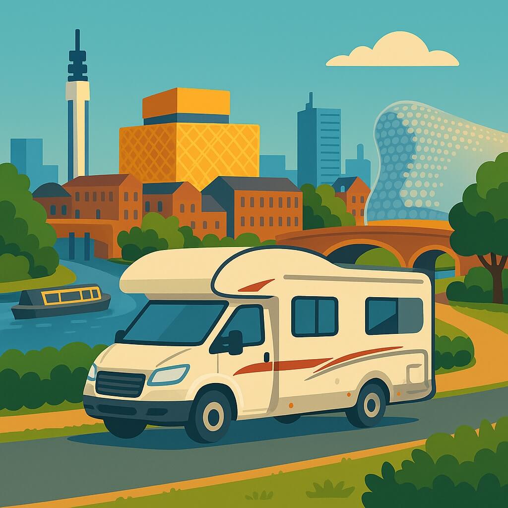 Motorhome parked along canal with modern yellow library building and bridge