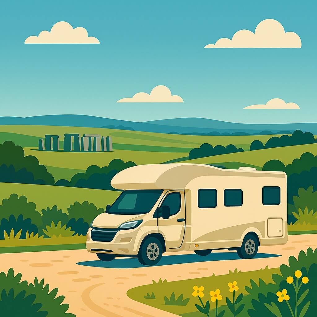 Motorhome parked with distant Stonehenge stones on rolling green plains