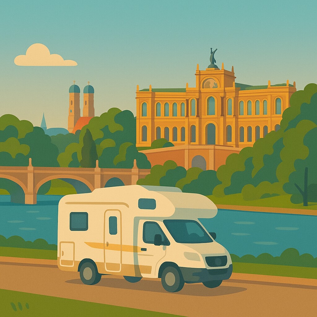 Camping-car au bord de l’Isar devant le Maximilianeum, les tours de la Frauenkirche derrière, Munich.