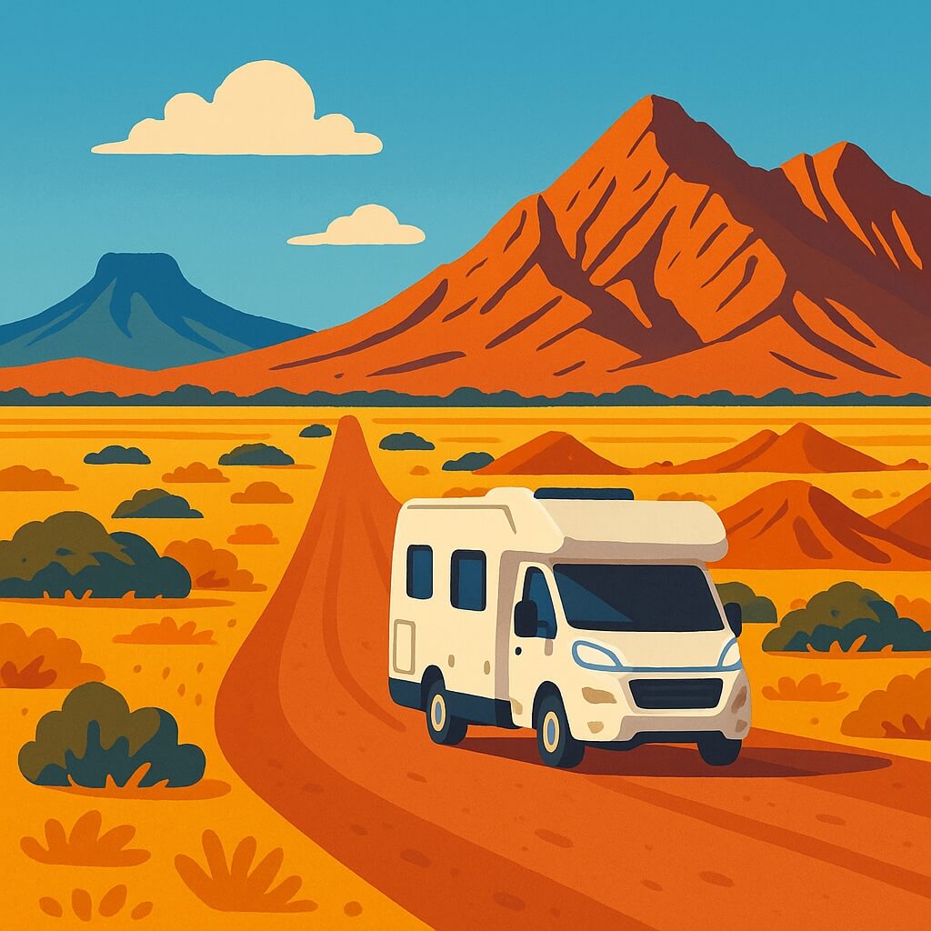 Motorhome rental tackling Namibia desert track toward rugged orange mountains