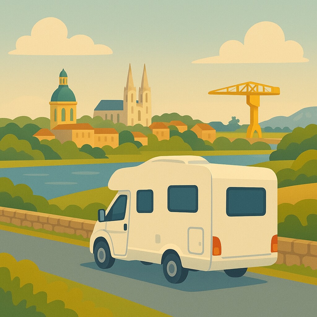 Motorhome crossing the Loire with the Nantes skyline and yellow Titan Crane in France.