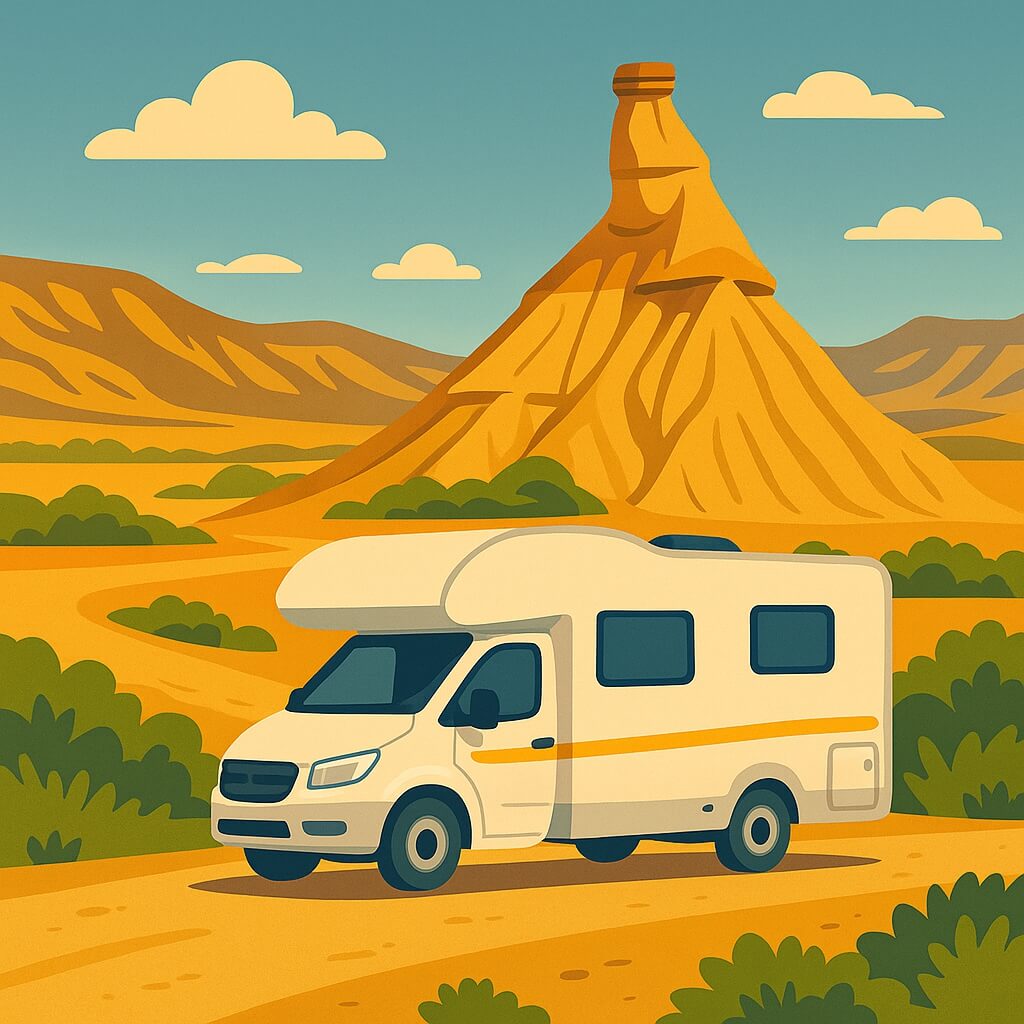 Autocaravana frente al icónico monolito de Castildetierra en las Bardenas Reales, Navarra, España.