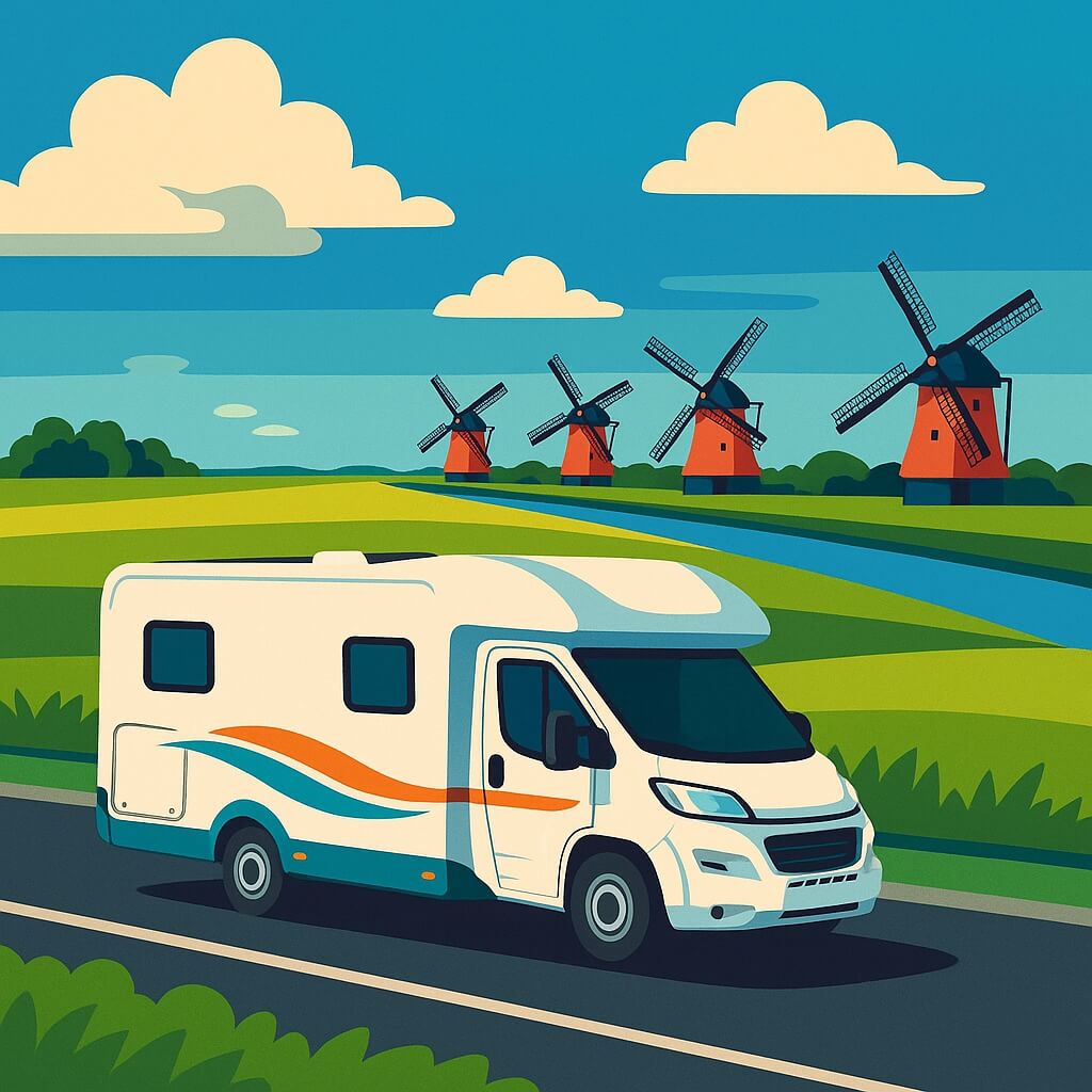 Motorhome cruises Dutch countryside past iconic windmills in the Netherlands.