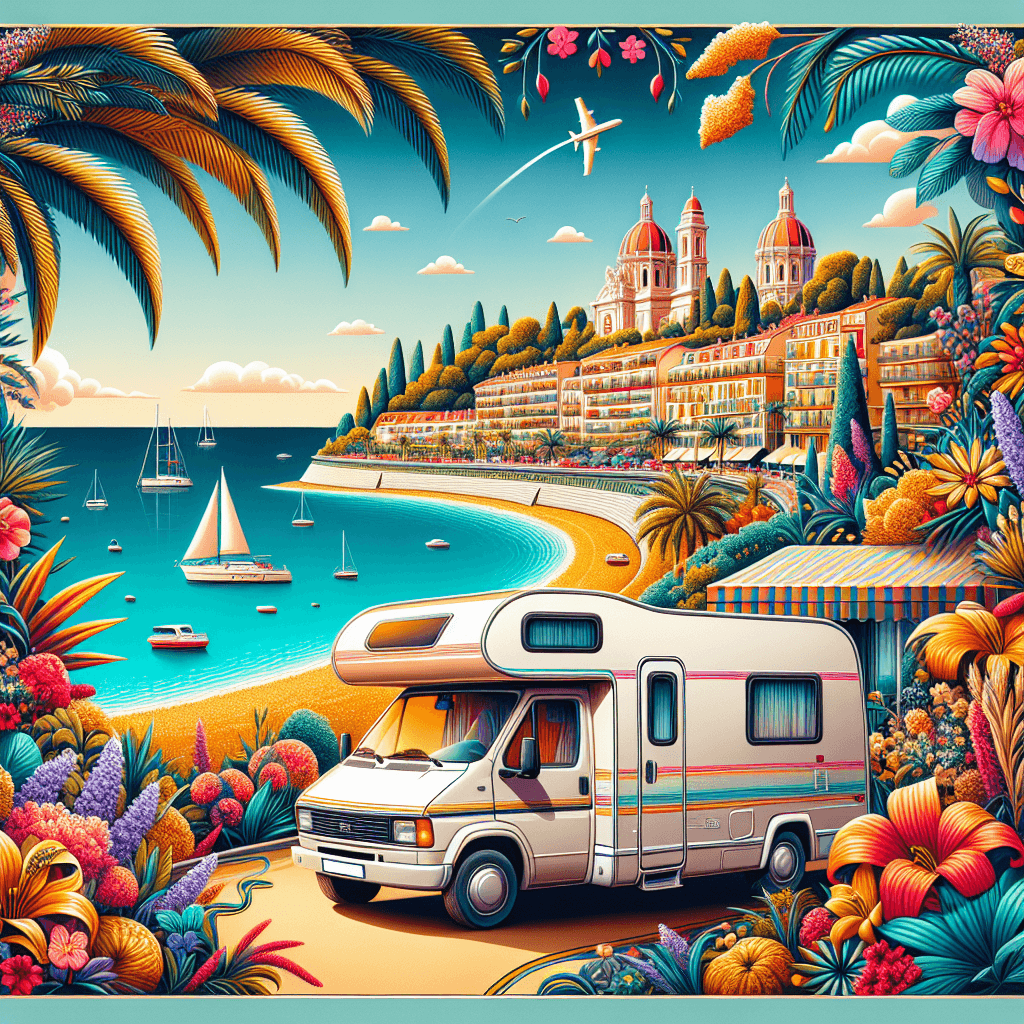 Campervan in Nice's landscape, with sea, gardens and beach.