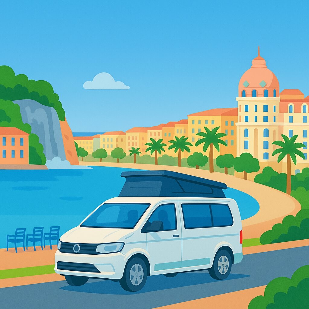 Campervan cruising the Promenade des Anglais beside the azure bay in Nice, France.
