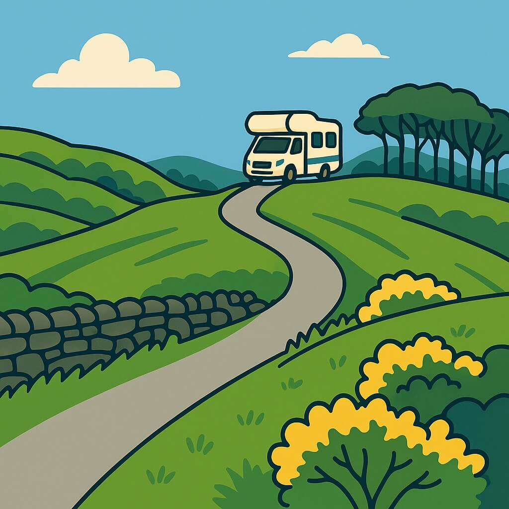 Motorhome winding across Northern Ireland’s rolling green hills.