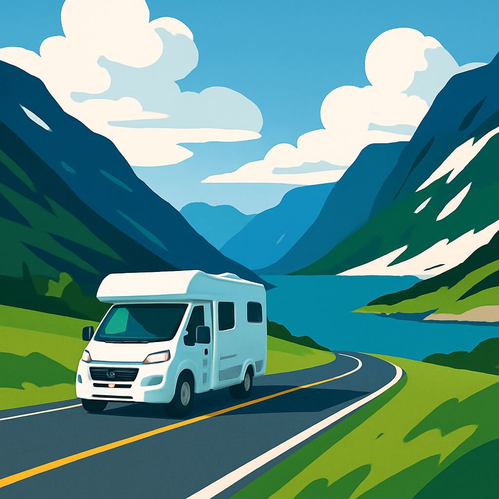 Motorhome following Norway fjord highway between steep emerald mountains