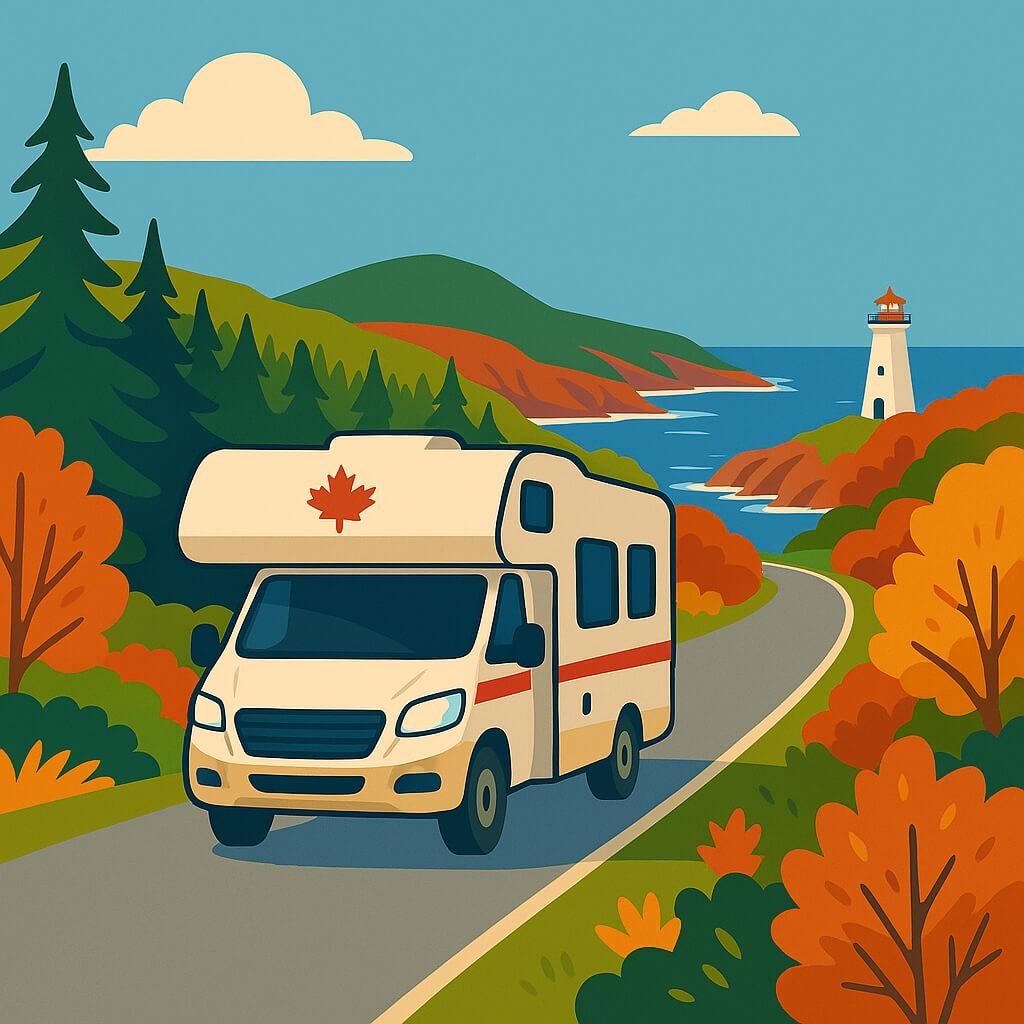 Motorhome drives Nova Scotia coastal road past lighthouse and autumn woods, Canada.