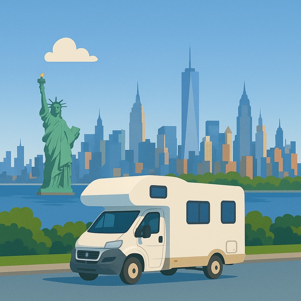 Autocaravana frente a la Estatua de la Libertad con el skyline de Manhattan detrás, Nueva York, EE. UU.