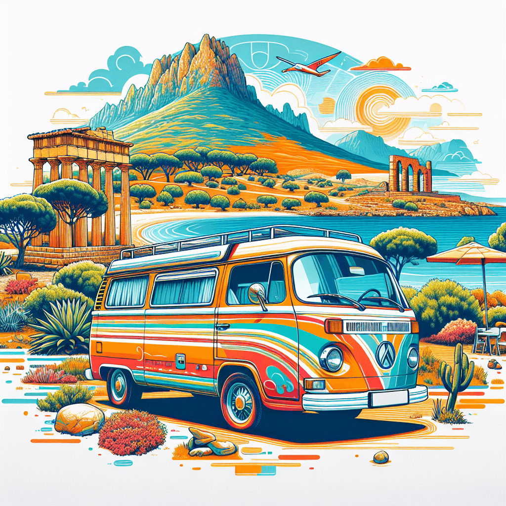 Campervan in Olbia landscape, surrounded by sea, ruins, and olive groves