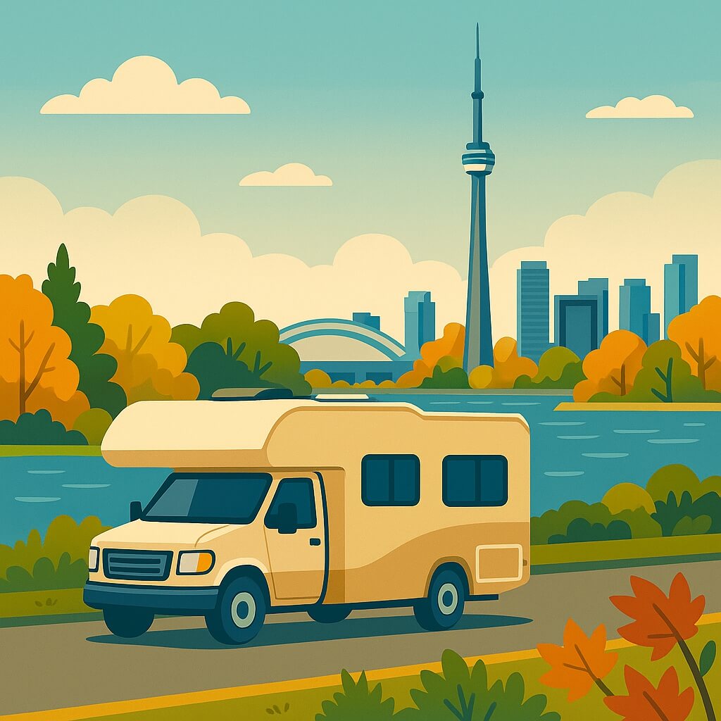 RV driving a lakeside parkway with the CN Tower in Ontario, Canada.