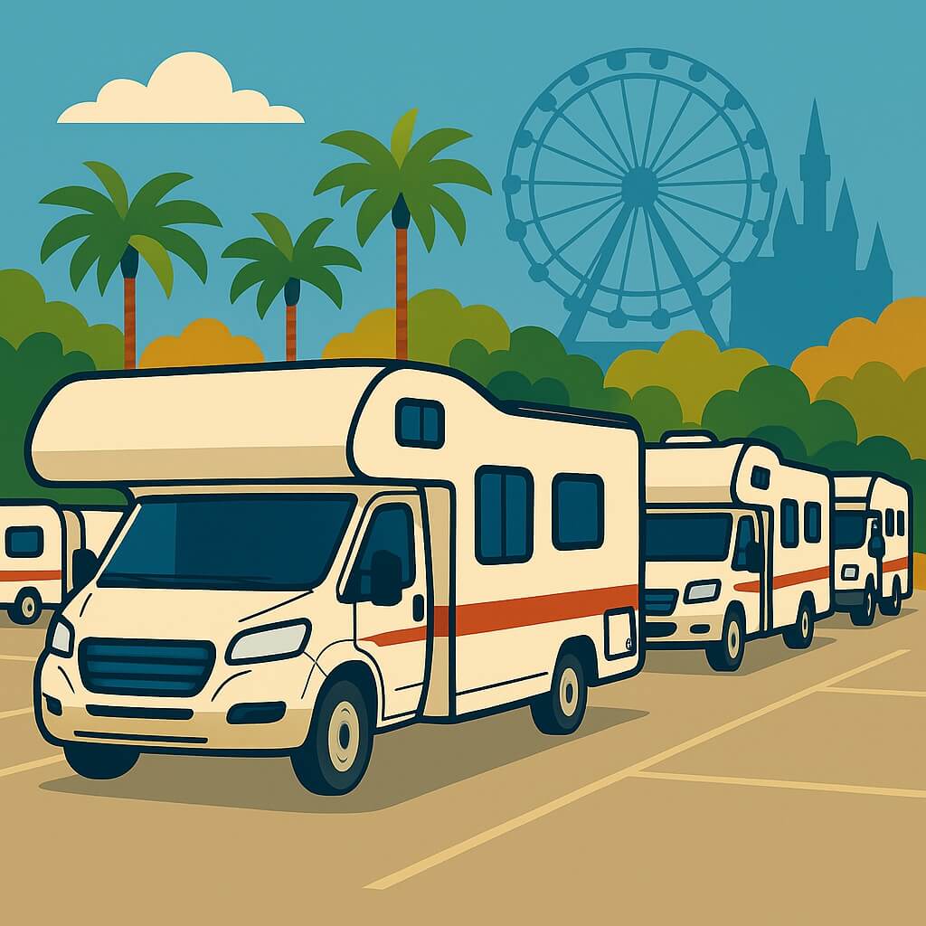 Rental motorhomes in Orlando beside Ferris wheel and palms.