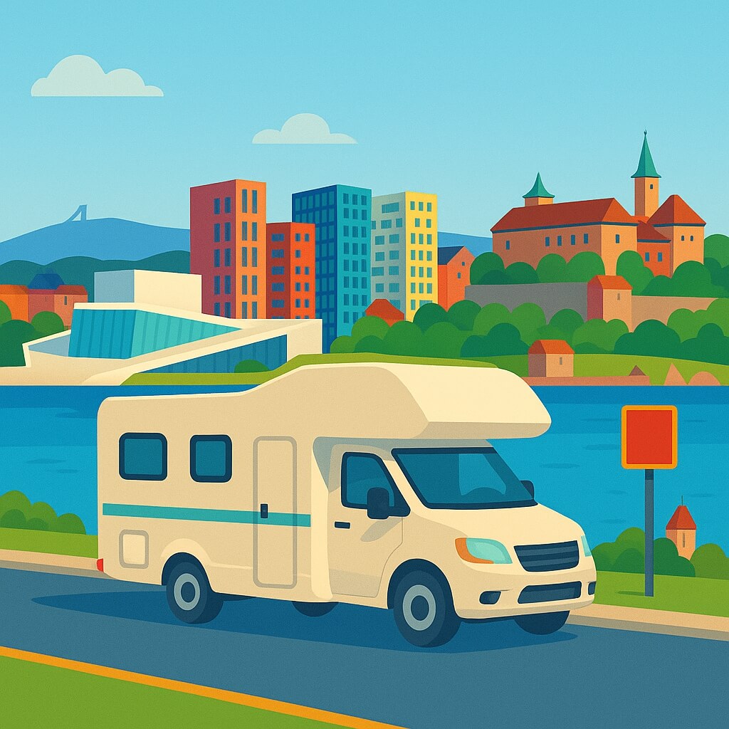 Motorhome driving the waterfront road facing Oslo’s striking Opera House and Akershus fortress, Norway.