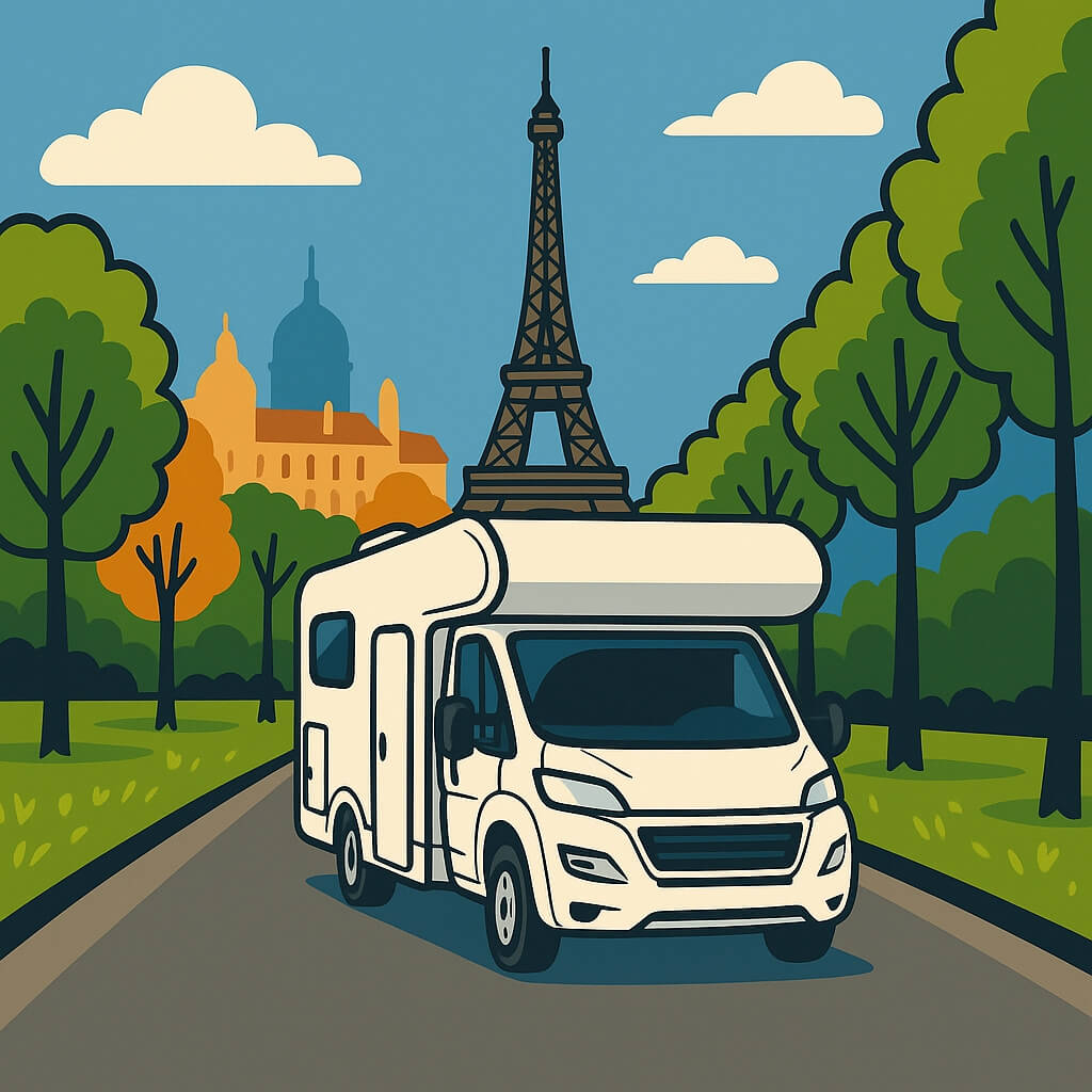 Autocaravana cruza un parque parisino con la Torre Eiffel al fondo.