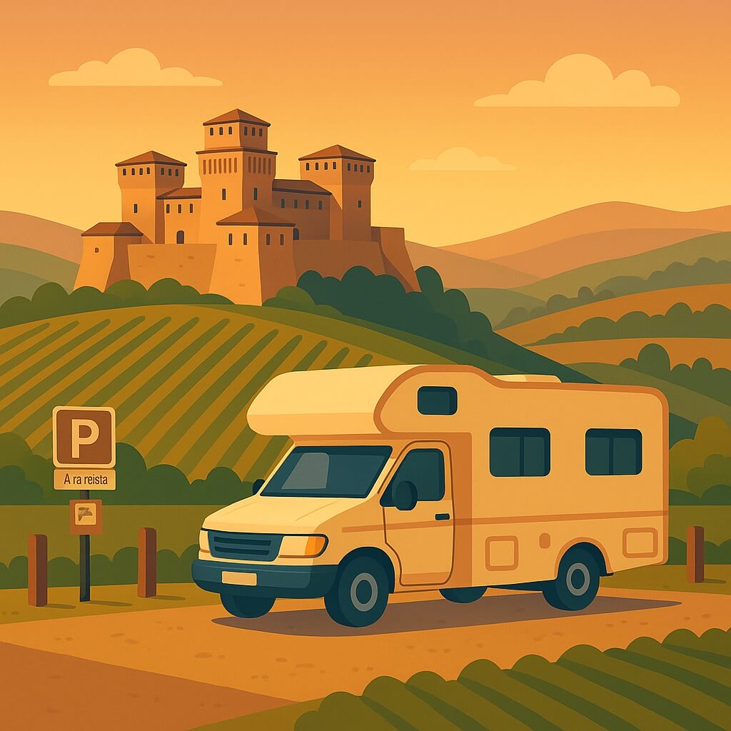 Camper in sosta fra i vigneti al tramonto, con il Castello di Torrechiara che domina la campagna parmense, Parma, Italia