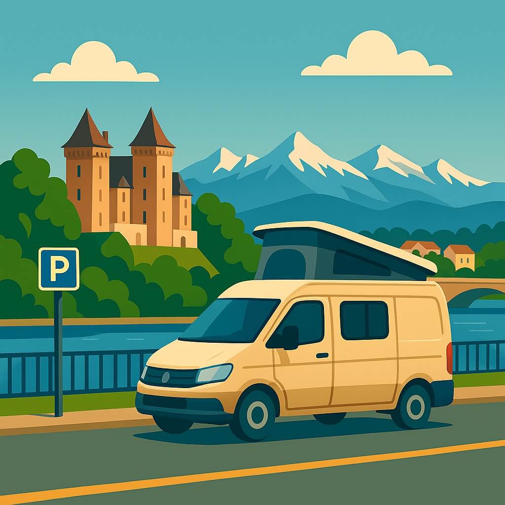Van aménagé stationné face au château de Pau et aux sommets enneigés des Pyrénées, Nouvelle-Aquitaine.