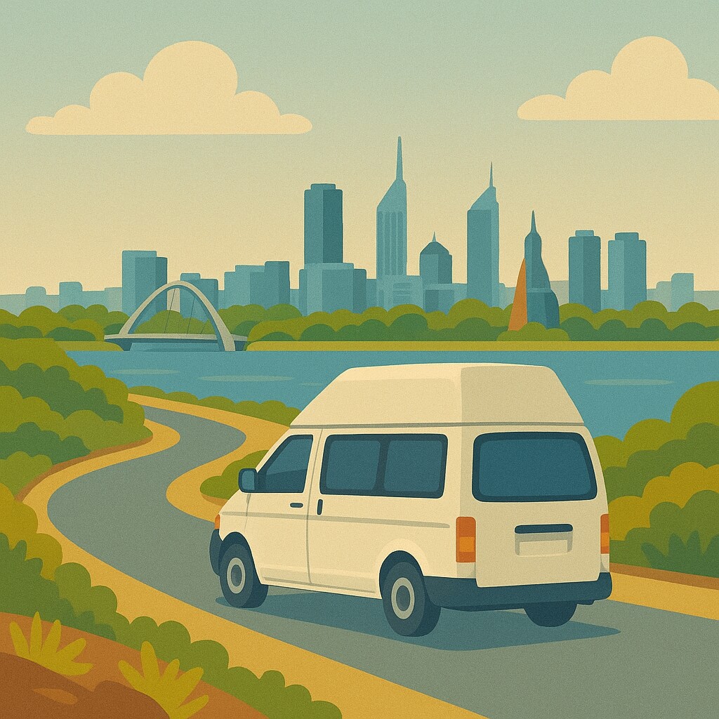 Camper am Swan River mit der Skyline von Perth im Hintergrund, Australien