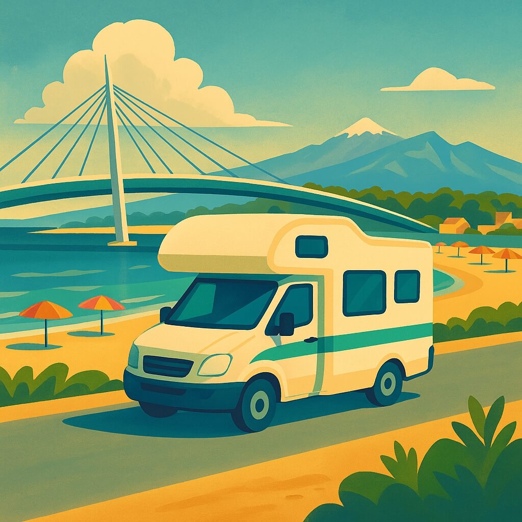 Camper in viaggio sul lungomare di Pescara, tra spiagge attrezzate e il ponte del mare sullo sfondo.