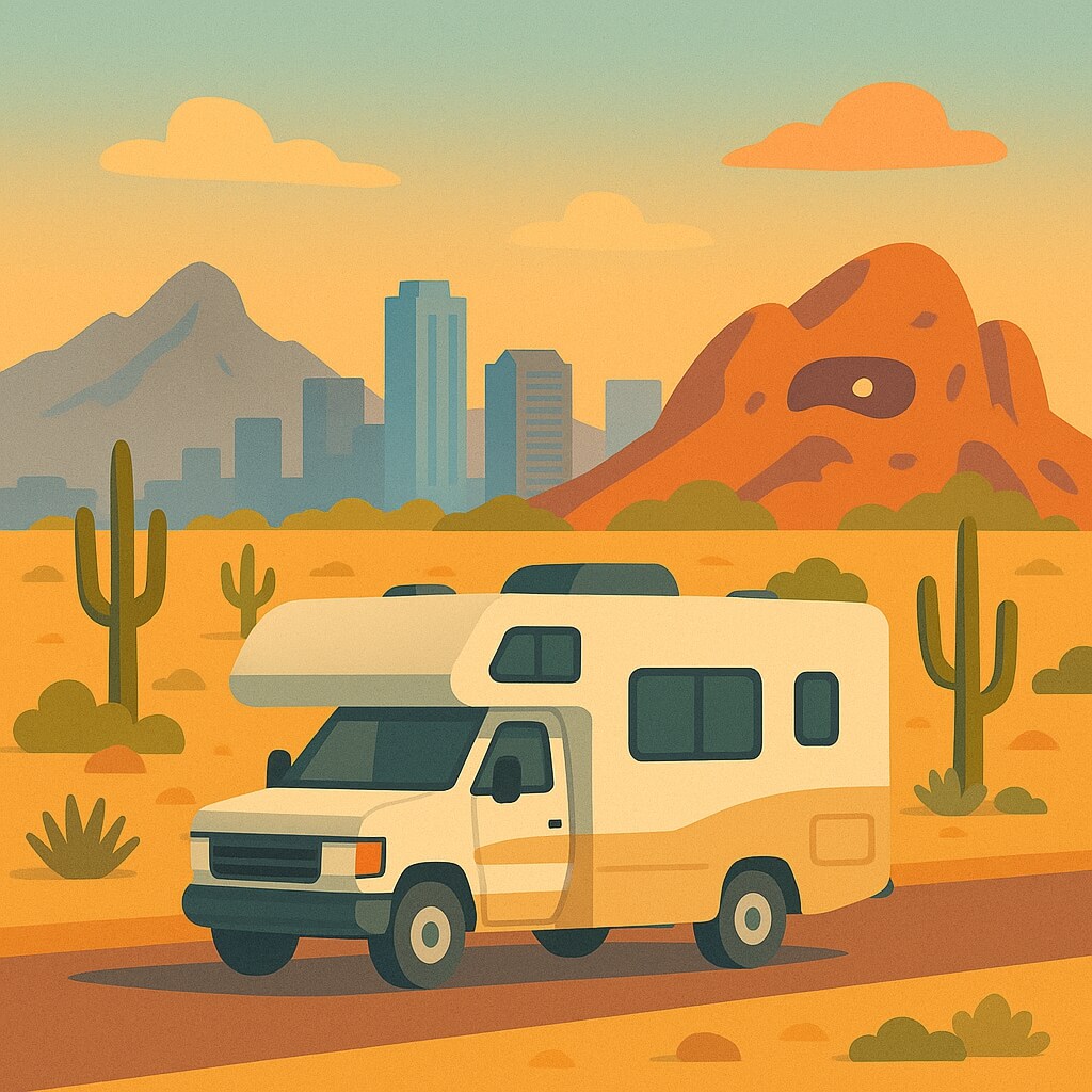Autocaravana entre saguaros y buttes rojizas con el centro de Phoenix al fondo, Arizona, EE. UU.