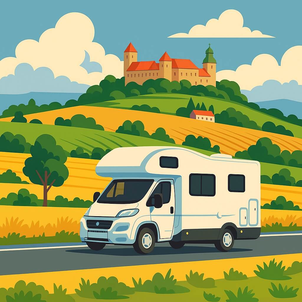 Motorhome exploring rolling Poland countryside near hilltop medieval castle