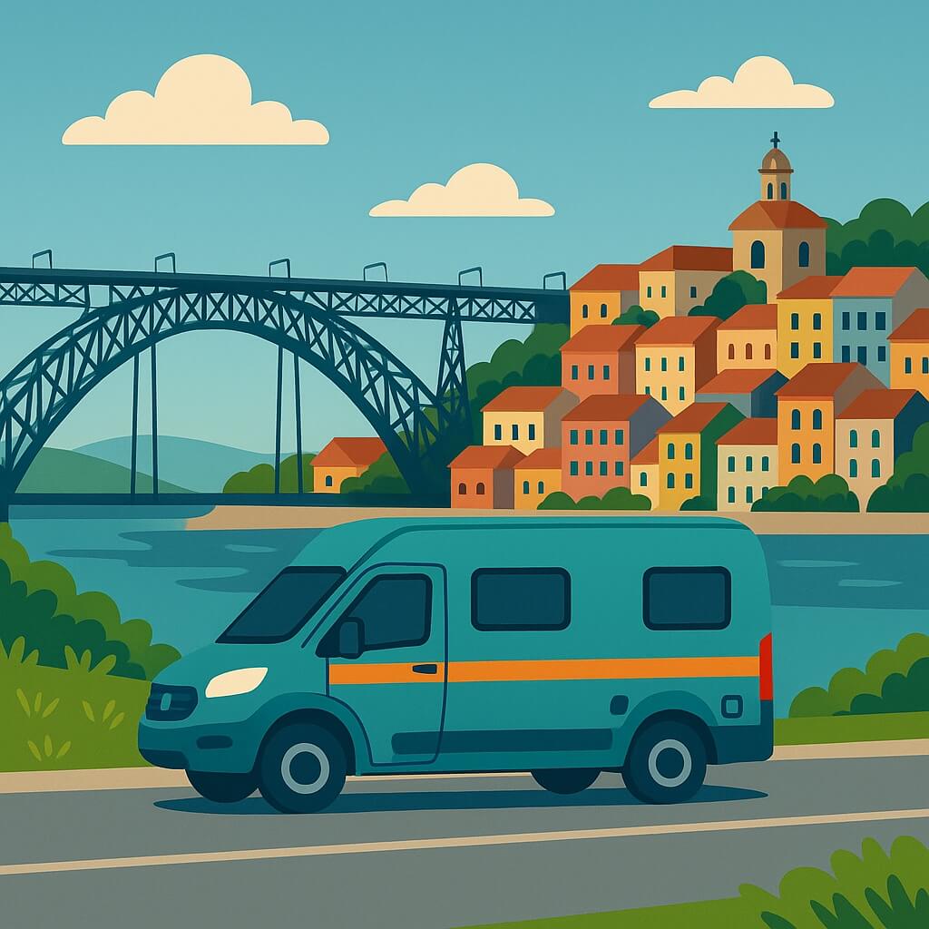 Campervan driving riverside beneath the Dom Luís I Bridge with the colourful Ribeira quarter beyond, Porto.