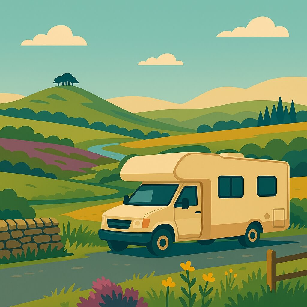 Campervan in Preston on heather-topped Beacon Fell in the Forest of Bowland.