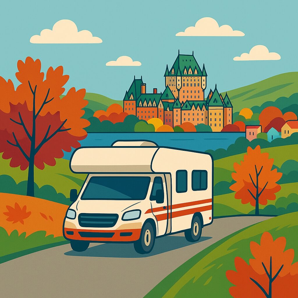 Motorhome among autumn maples overlooking Château Frontenac in Quebec, Canada.