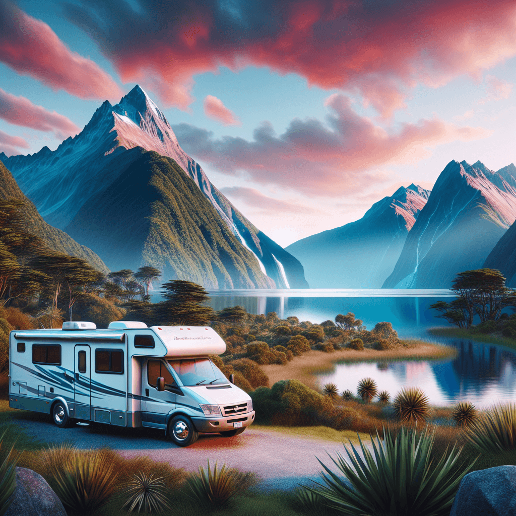 Camper amidst Queenstown's majestic mountains, lake, and sunset