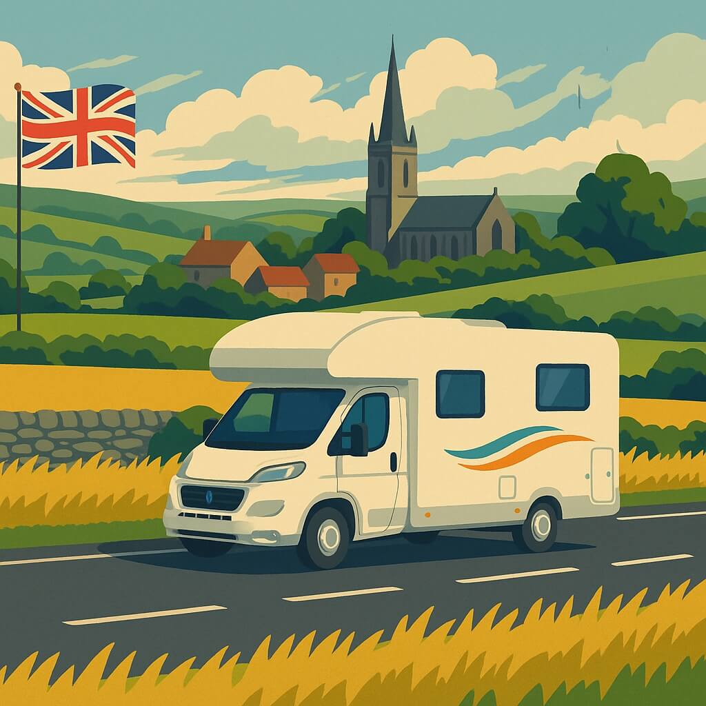 Autocaravana viajando por campiña británica bajo bandera del Reino Unido.