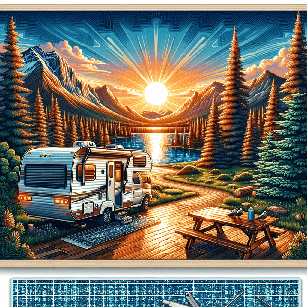 RV in Reno landscape with sunset, lake, pine trees and picnic table