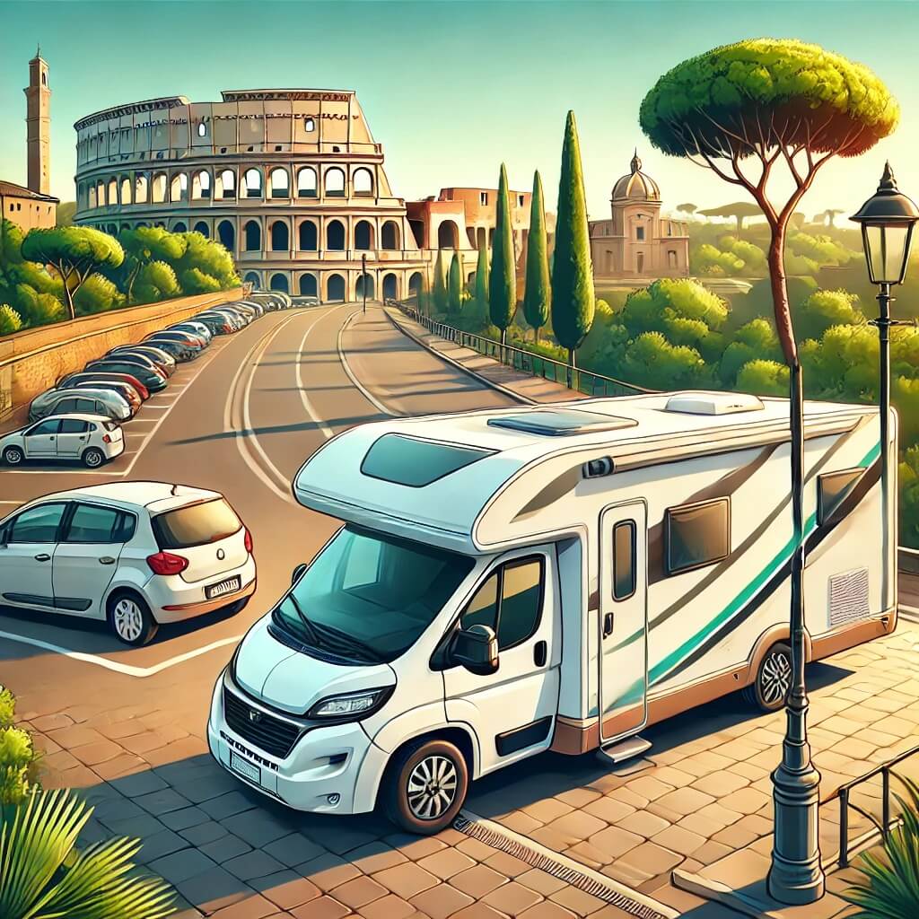 Autocaravana aparcada junto al Coliseo de Roma, Italia.