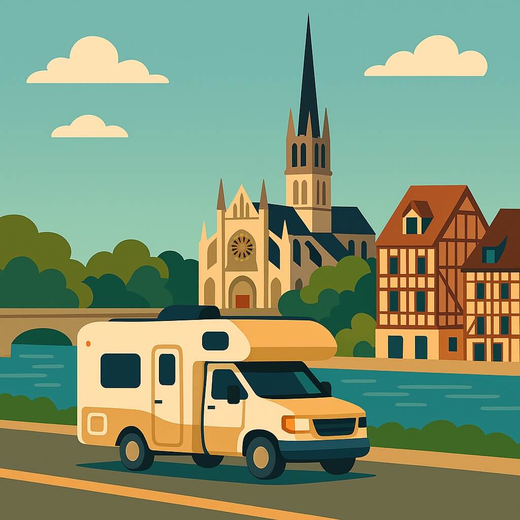 Camping-car longeant la Seine face aux maisons à colombages et à la flèche élancée de la cathédrale de Rouen, Norm