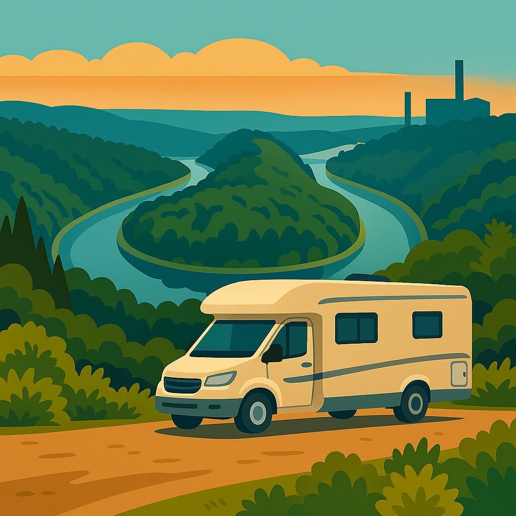 Wohnmobil am Cloef-Aussichtspunkt mit Blick auf die Saarschleife im Saarland.