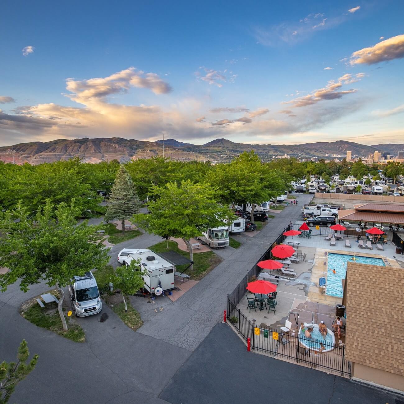 Aerial view of Salt Lake City KOA campground with RVs and pool area