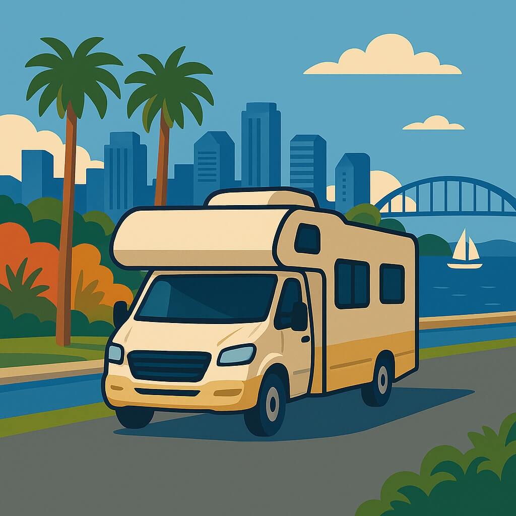 Motorhome drives through San Diego, USA, past palms and bay.