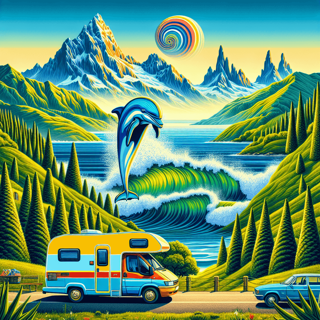Colourful camper with playful dolphin, Cantabrian sea and mountains