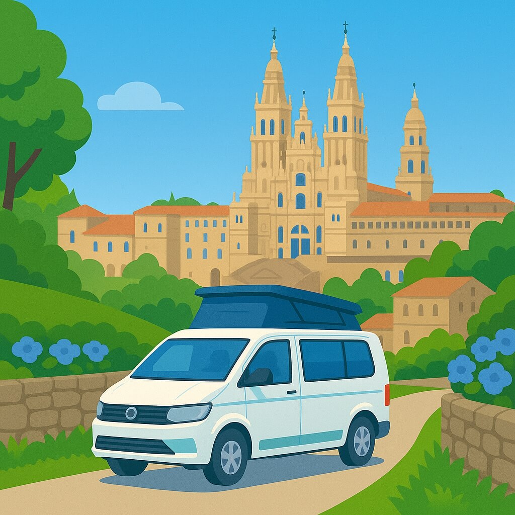 Furgoneta camper con techo elevable frente a la fachada barroca de la Catedral de Santiago, en Santiago de Compostela, E
