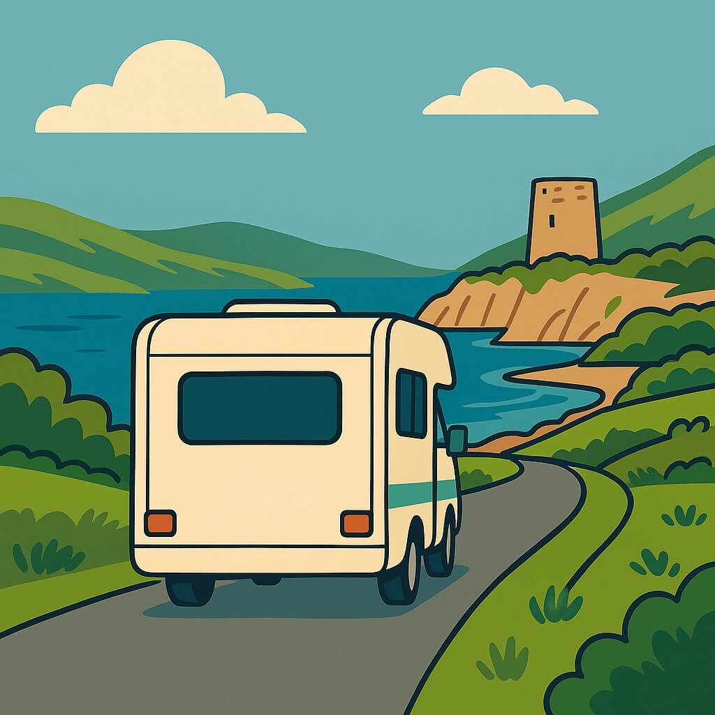 Camper percorre la litoranea della Sardegna, Italia, accanto a un’antica torre costiera.