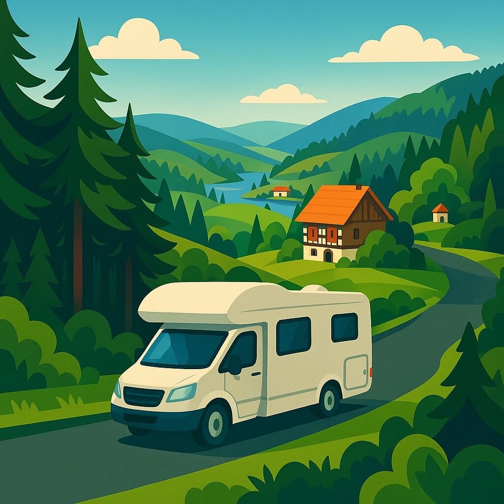 Autocaravana recorriendo los paisajes verdes de la Selva Negra alemana.