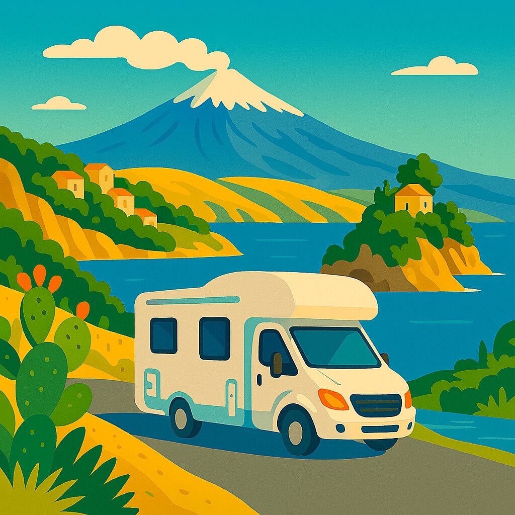 Motorhome cruising Sicily’s coast beneath Mount Etna.
