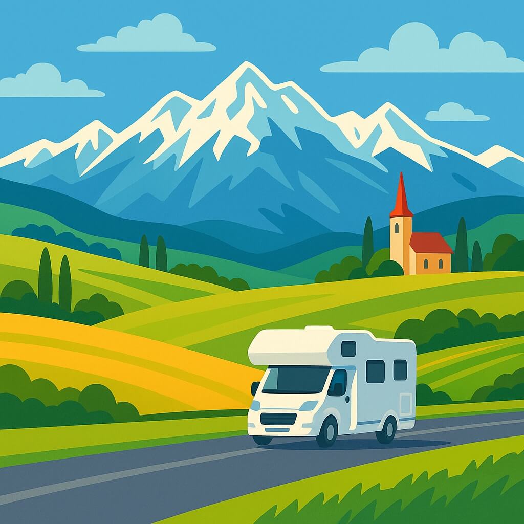 Camper sulle colline verdeggianti con Alpi sullo sfondo in Slovenia.